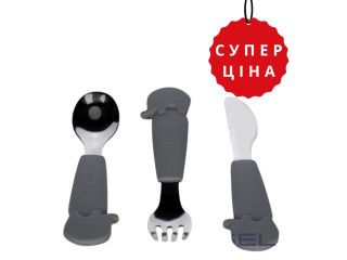 Столові прибори дитячі FreeON Elephant металеві з силіконовою ручкою, сірі