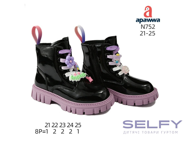 Ботинки детские Apawwa N752 black-purple 21-25 (лак), Фото 1