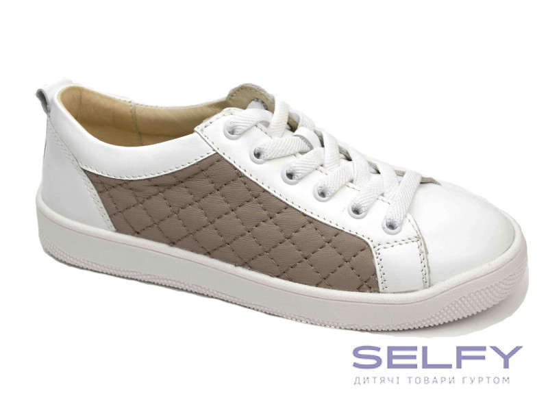 Кеди Ш-525 білі, бежева клітинка, шкіра, шкіра 32-39, Фото 1