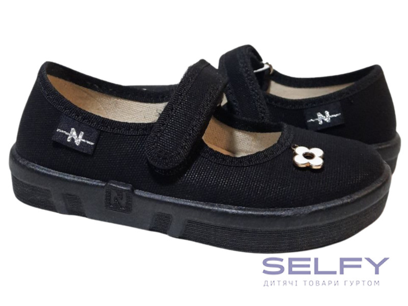 Ketty 26-32 черная, черная подошва, брошь цветок, Фото 1