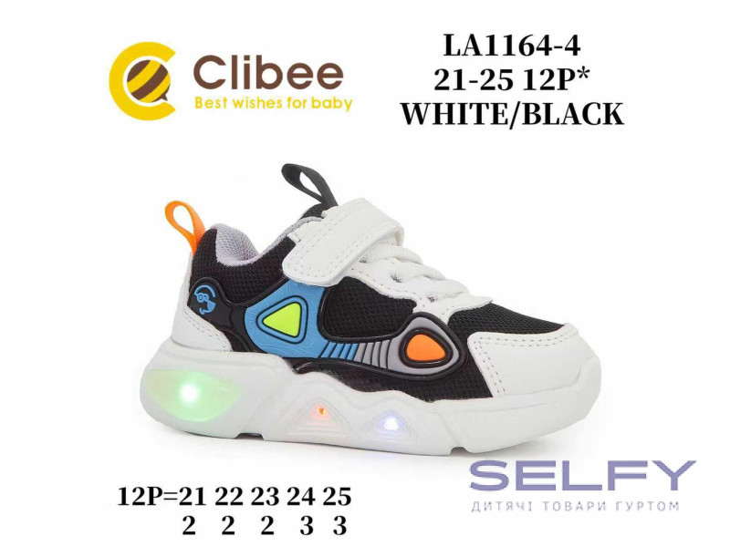 Кроссовки детские Clibee LA1164-4 white-black LED 21-25, Фото 1