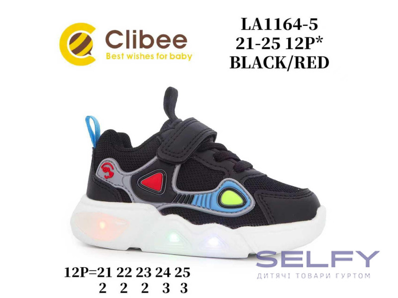 Кроссовки детские Clibee LA1164-5 black-red LED 21-25, Фото 1