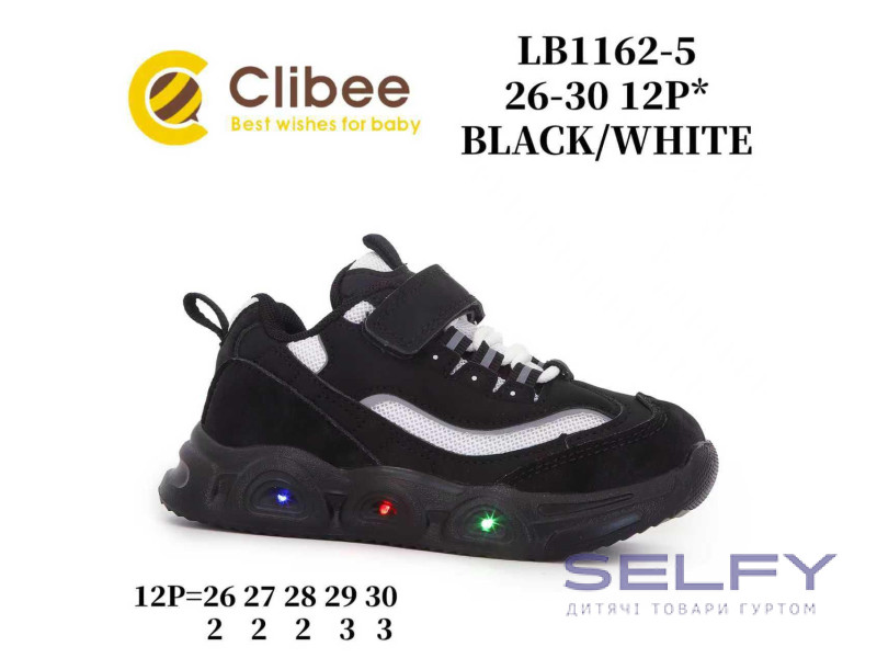 Кросівки дитячі Clibee LB1162-5 black-white LED 26-30, Фото 1