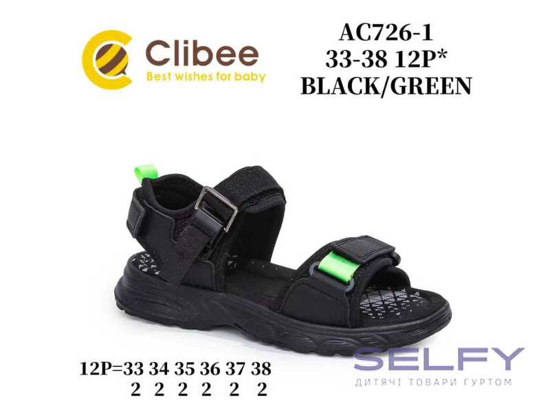 Босоніжки дитячі Clibee AC726-1 black-green 33-38, Фото 1
